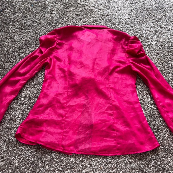 Vintage Retro 80s Style Hot Pink Ruffle Front Puffed Sleeve Button Up Blouse XS - Picture 5 of 6